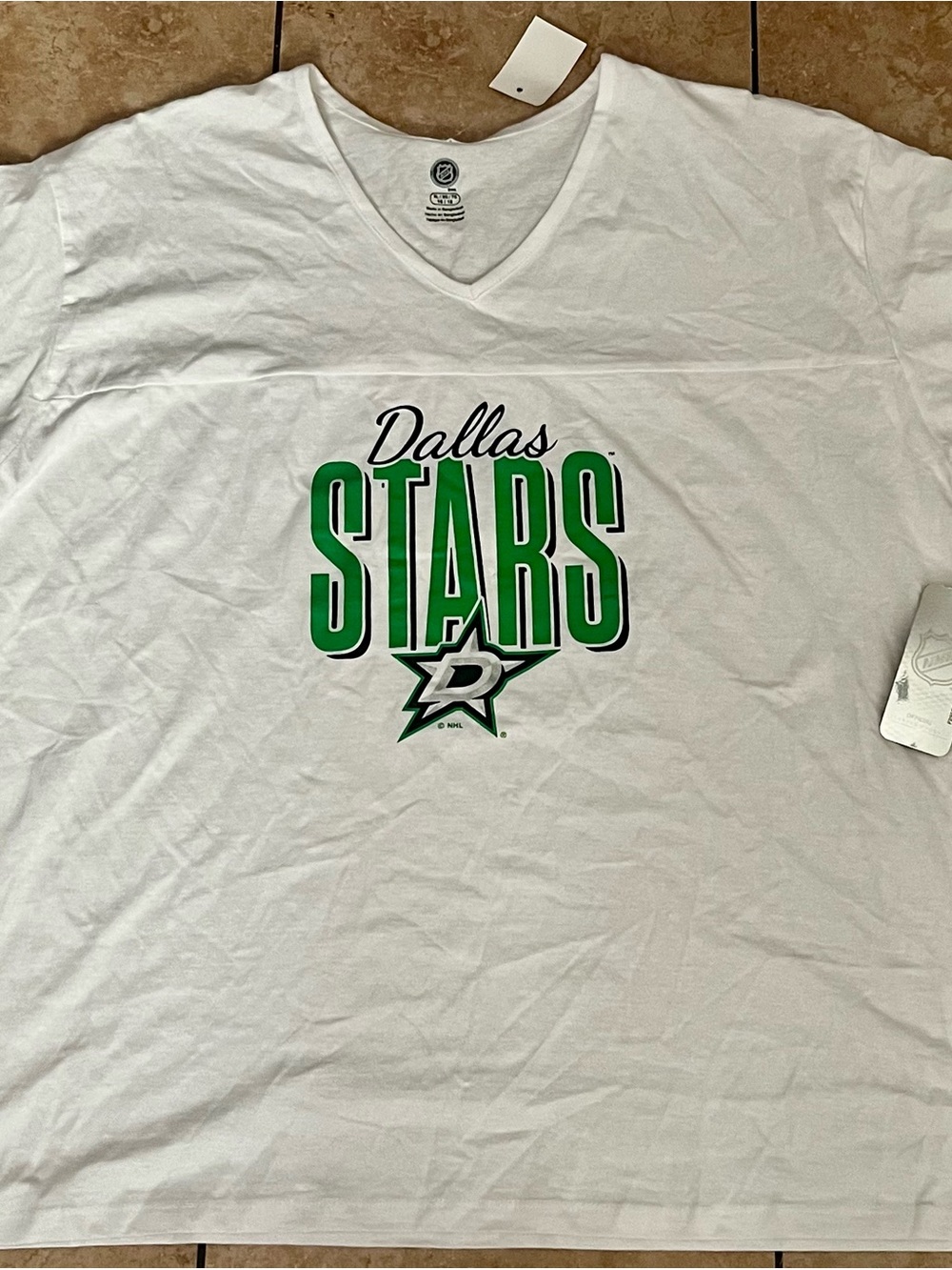 NHL Dallas Stars White V-Neck Tee with Green Logo